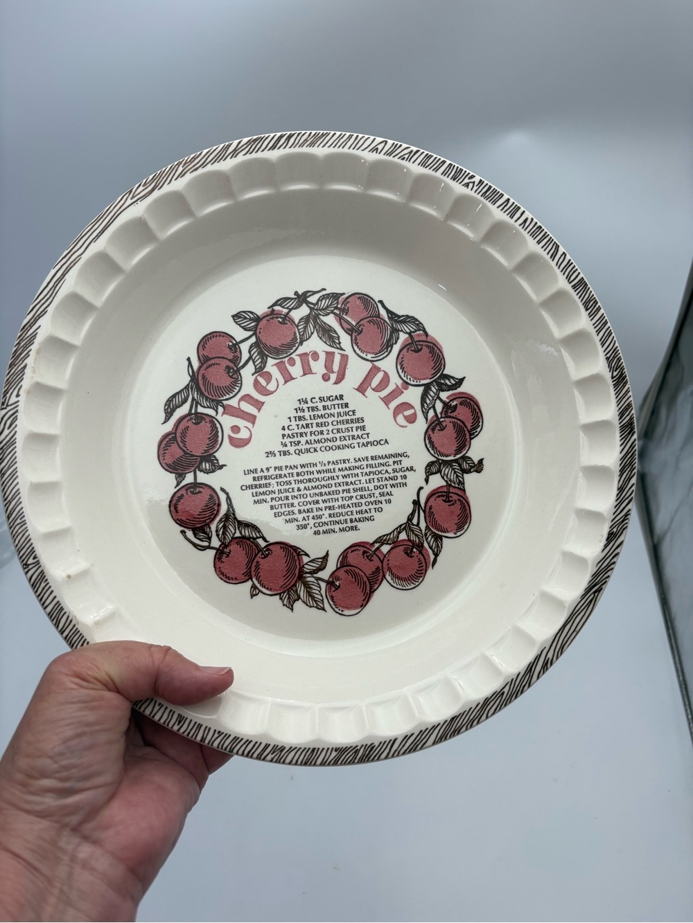 Vintage Cherry Pie Recipe Dish in Cream with Red Cherry Design - 11” Diameter